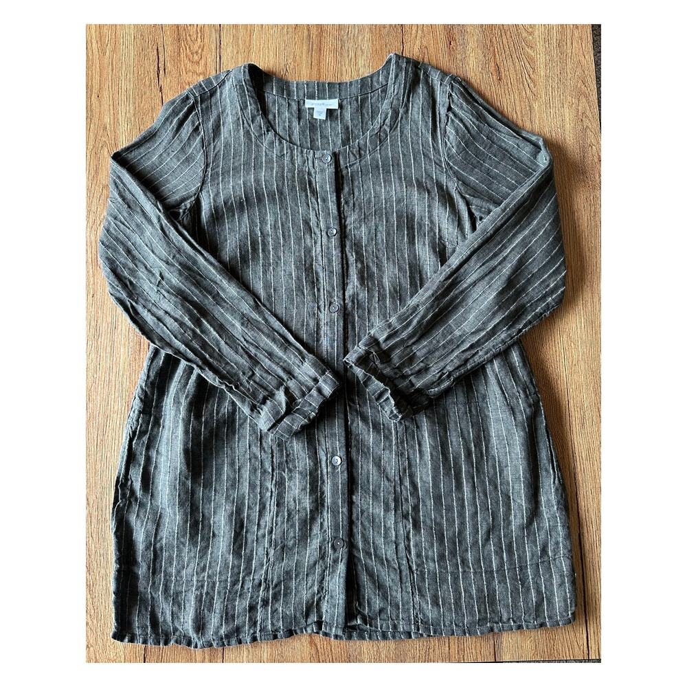 PureJill 100% Linen Green Button Up Blouse Size XSmall